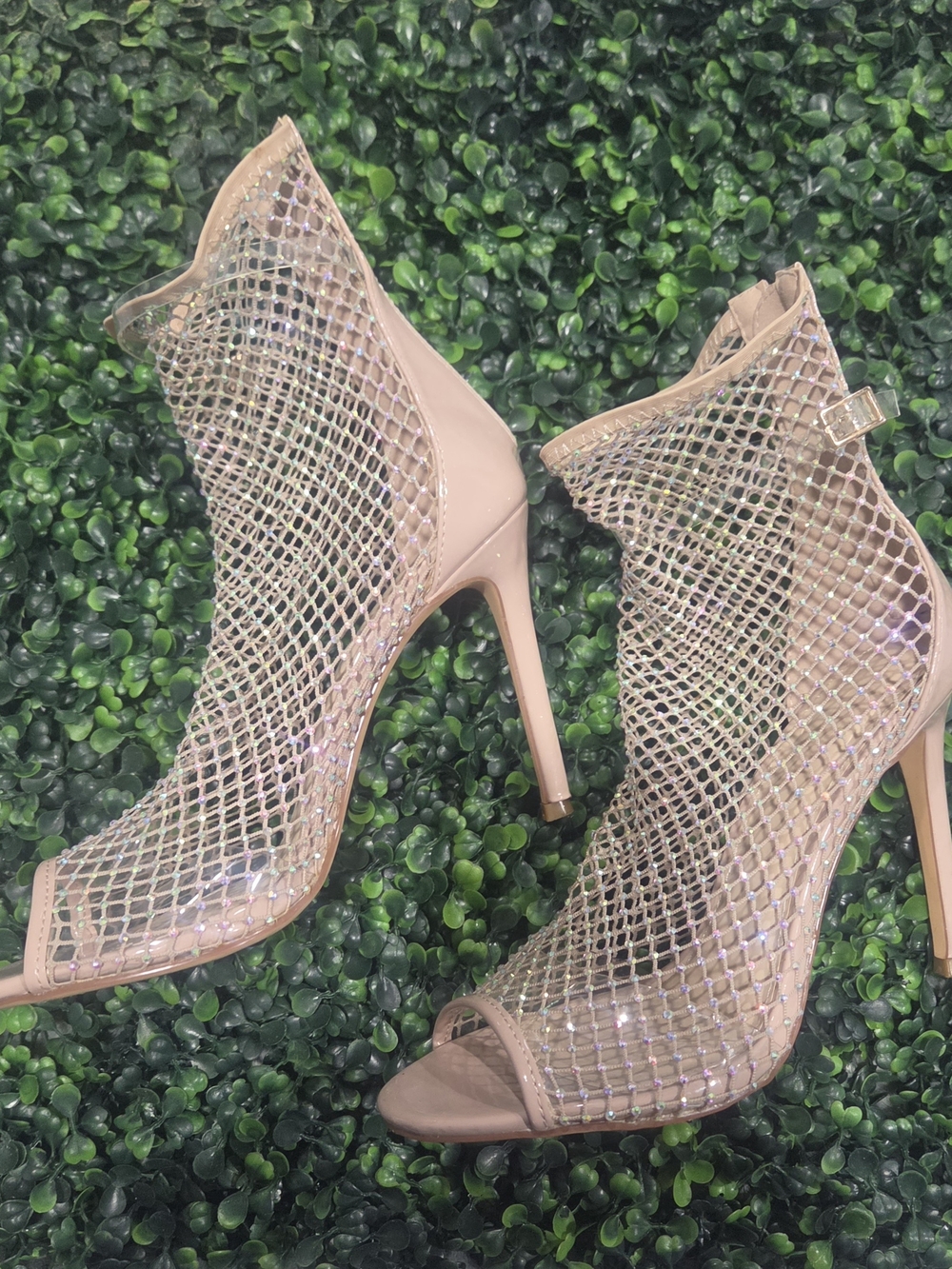 Nude Mesh Rhinestone Peep-Toe Stiletto Booties